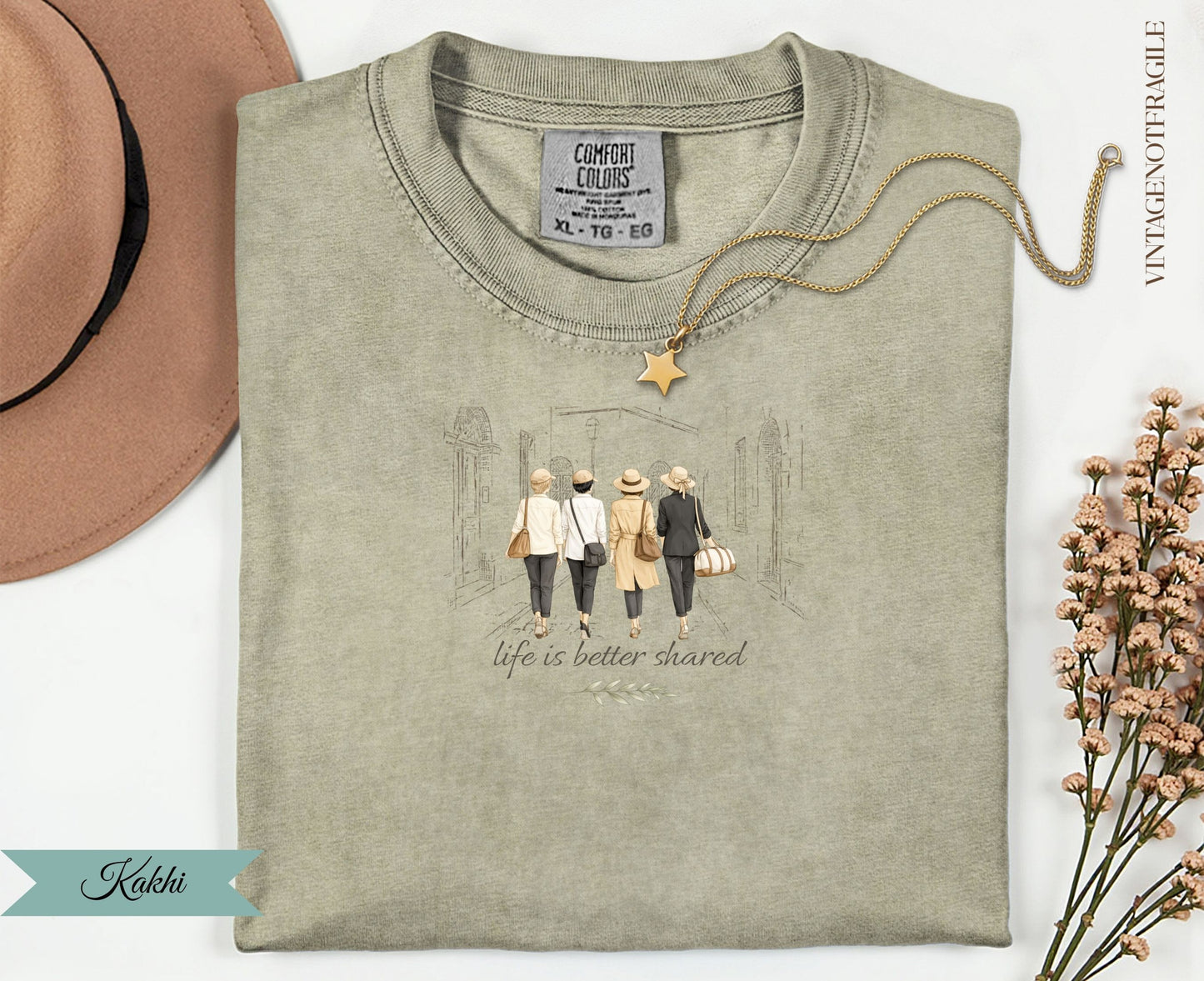 Olive green t-shirt with "life is better shared" graphic and "Kakhi" label.