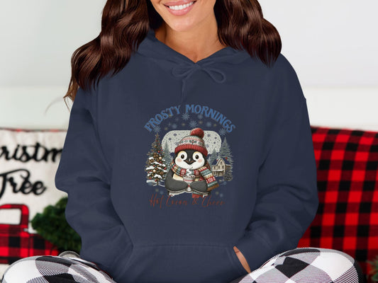 Frosty Mornings Hot Cocoa & Cheer Hoodie| Cozy Winter Hot Chocolate Christmas Penguin Sweatshirt