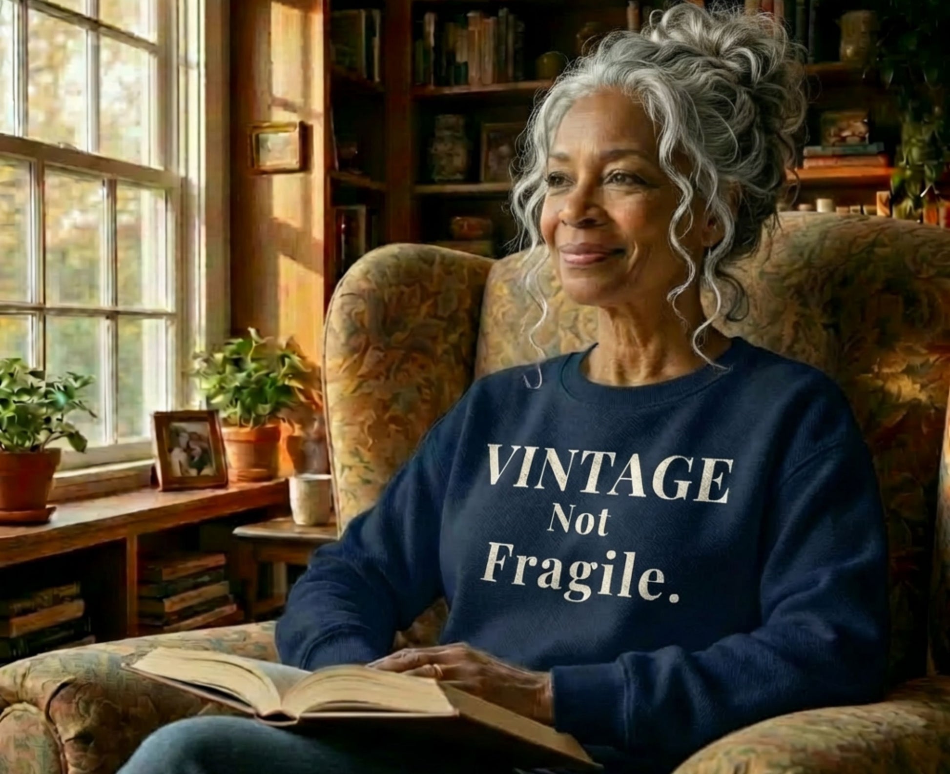 Elderly woman in armchair wearing "Vintage Not Fragile" sweatshirt, reading a book.