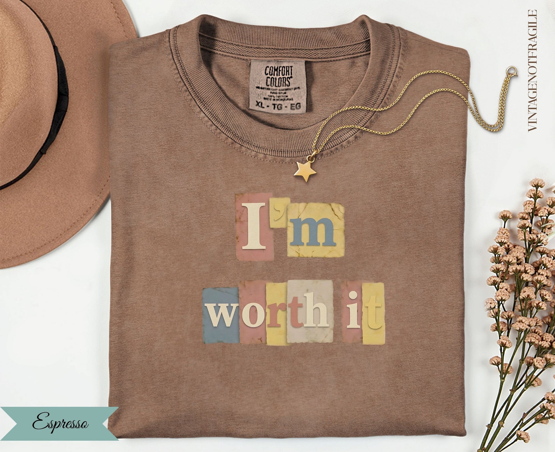 Espresso Comfort Colors t-shirt with "I'm worth it" text and a gold star necklace.