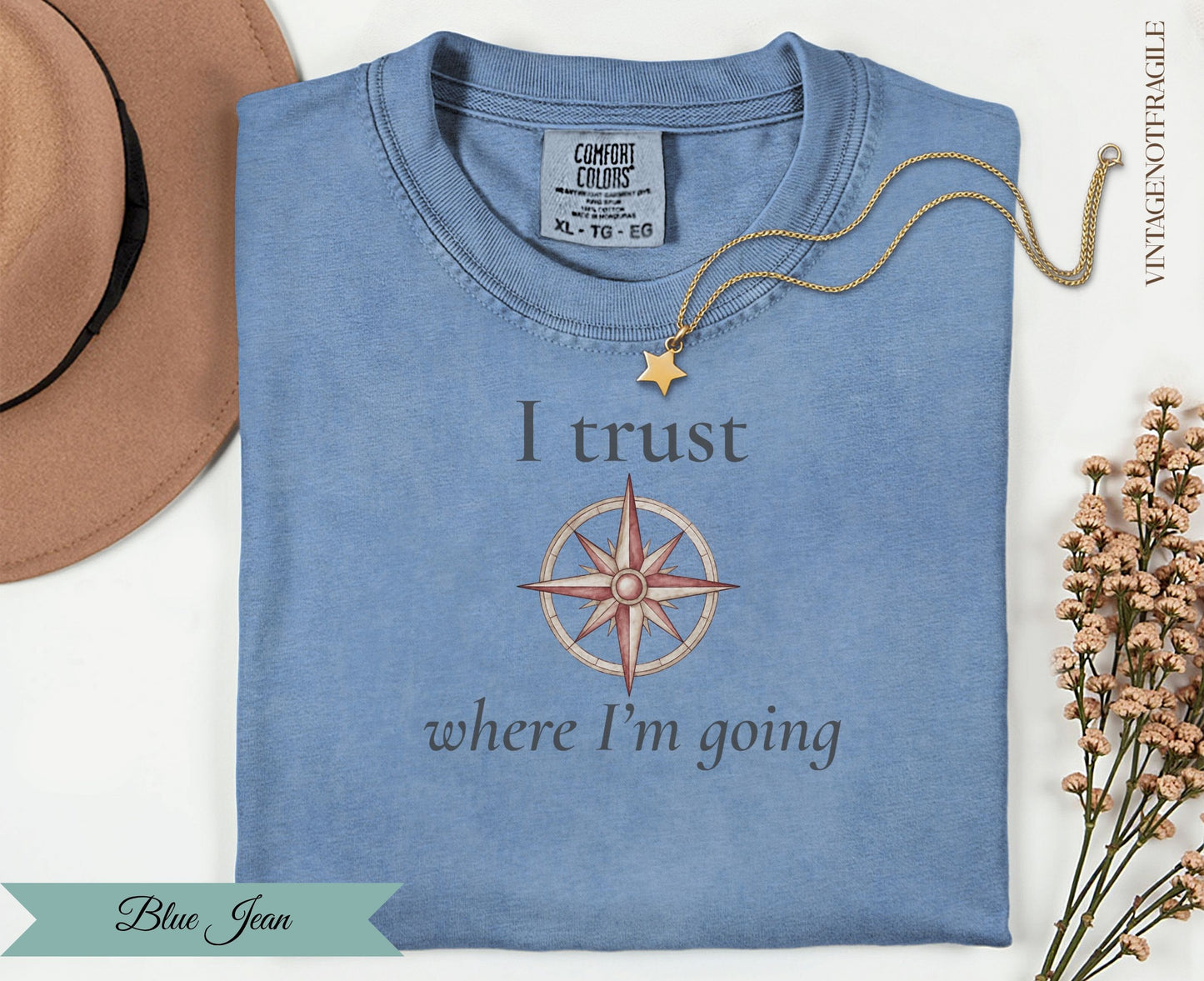 Blue Jean comfort colors t-shirt with compass graphic and text "I trust where I'm going".