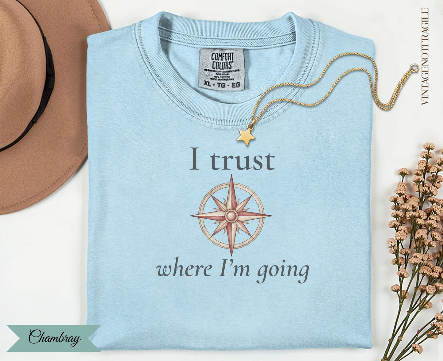 Light blue t-shirt with compass graphic and text "I trust where I'm going".