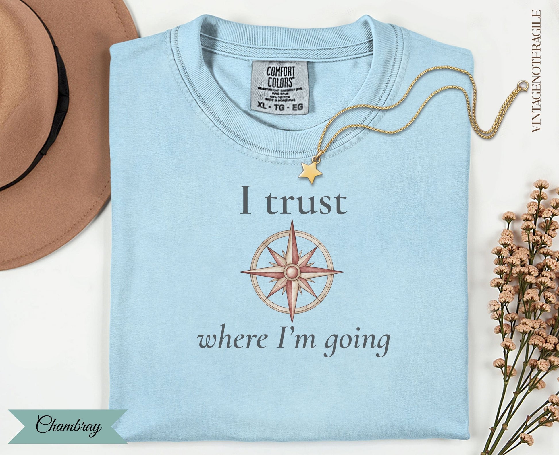 Light blue t-shirt with compass graphic and text "I trust where I'm going".