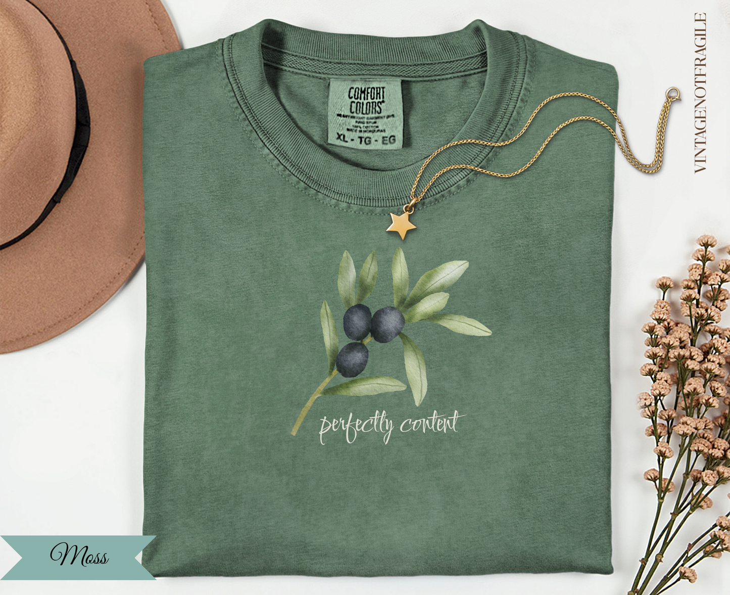 Green t-shirt with olive branch graphic and "perfectly content" text.