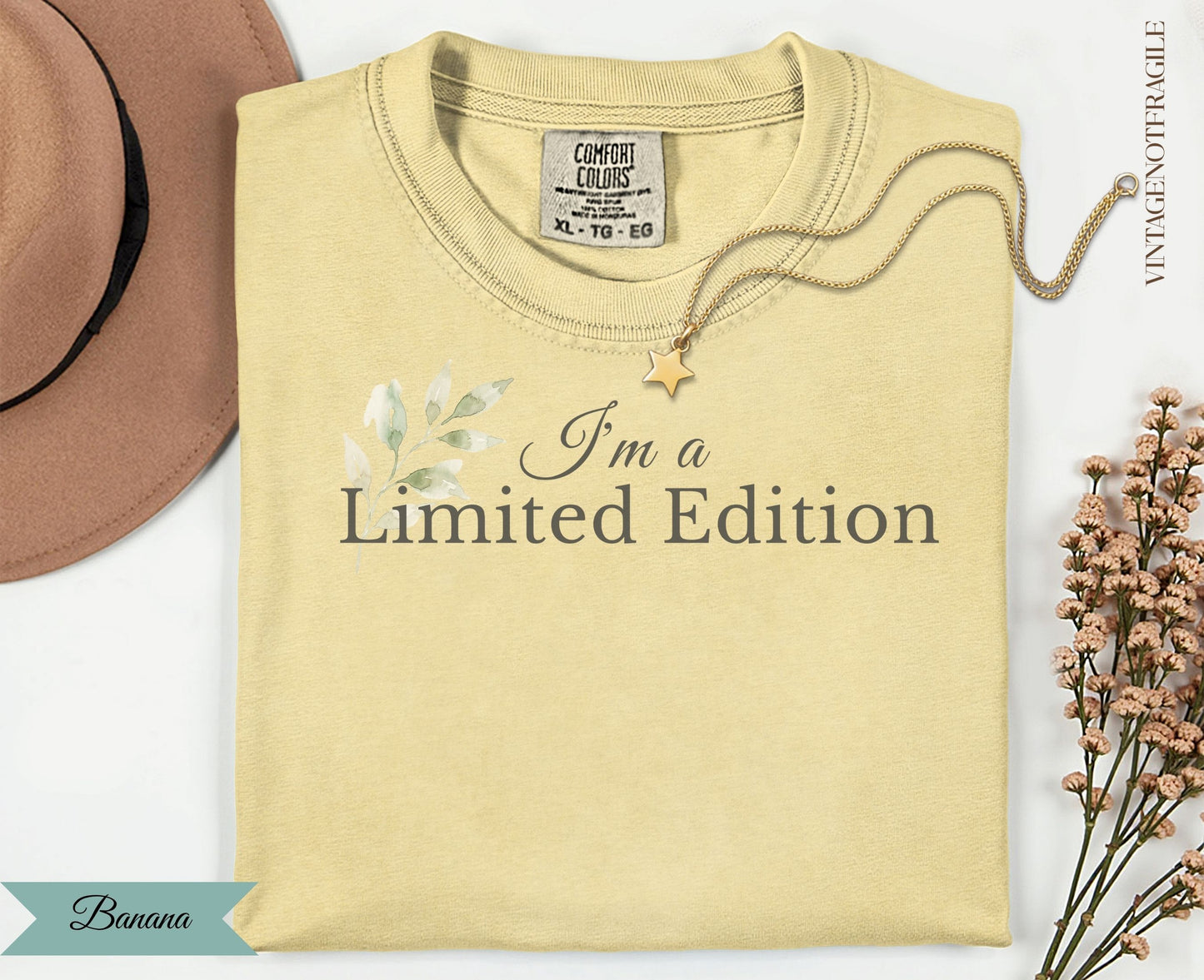 Light yellow t-shirt with "I'm a Limited Edition" text and floral graphic.