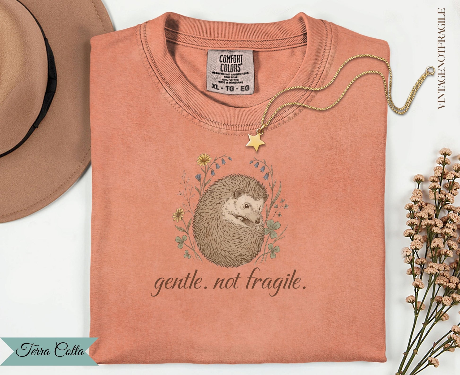 Hedgehog illustration with "gentle. not fragile." text on a coral t-shirt.