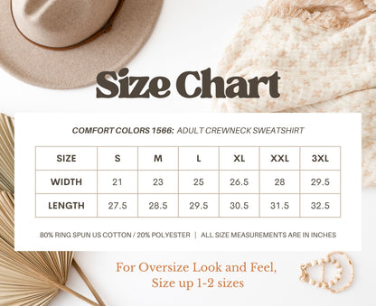 Comfort Colors 1566 sweatshirt size chart with width and length measurements in inches.