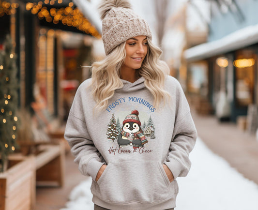Frosty Mornings Hot Cocoa & Cheer Hoodie| Cozy Winter Hot Chocolate Christmas Penguin Sweatshirt