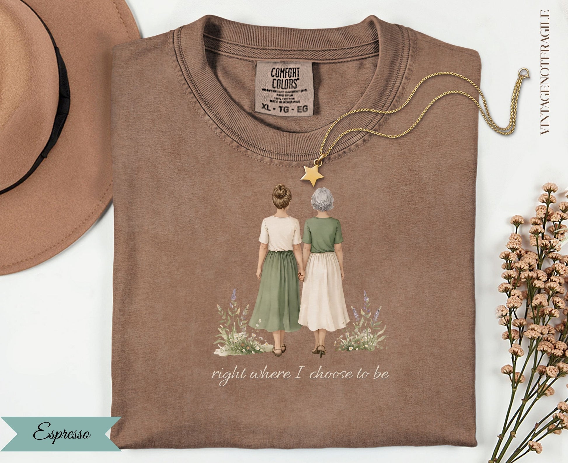 Brown Comfort Colors t-shirt with illustration of two women holding hands and text "right where I choose to be".