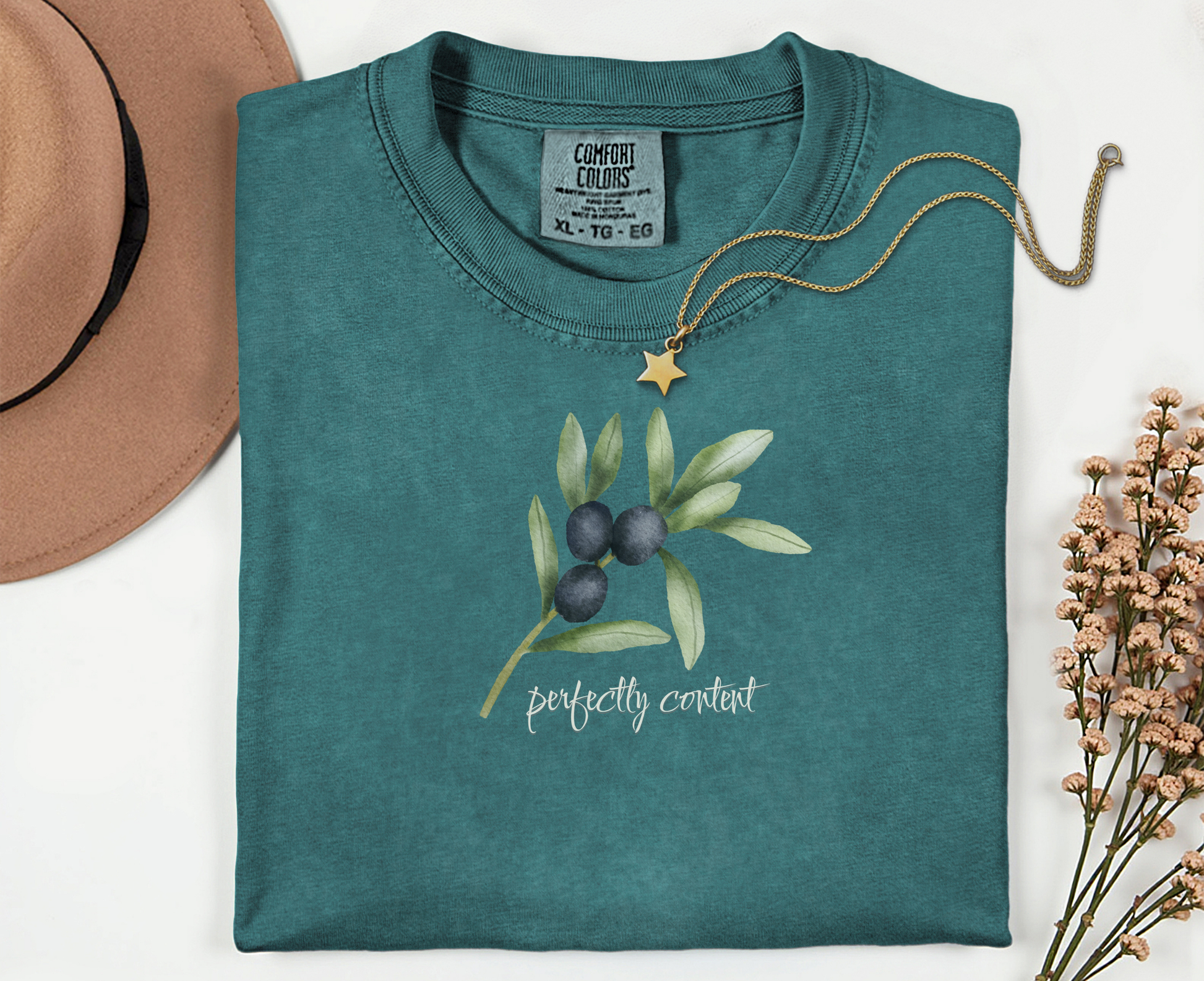 Teal t-shirt with olive branch graphic and "perfectly content" text.