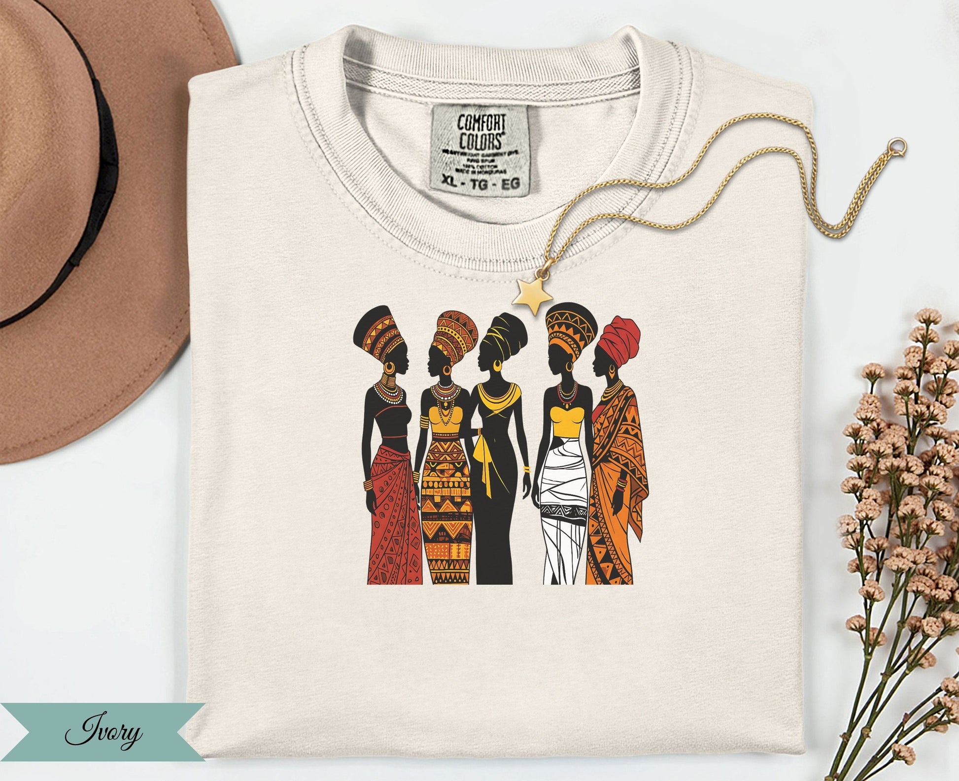Five women in colorful patterned clothing and headdresses, with necklace and hat.
