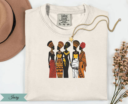 Five women in colorful patterned clothing and headdresses, with necklace and hat.