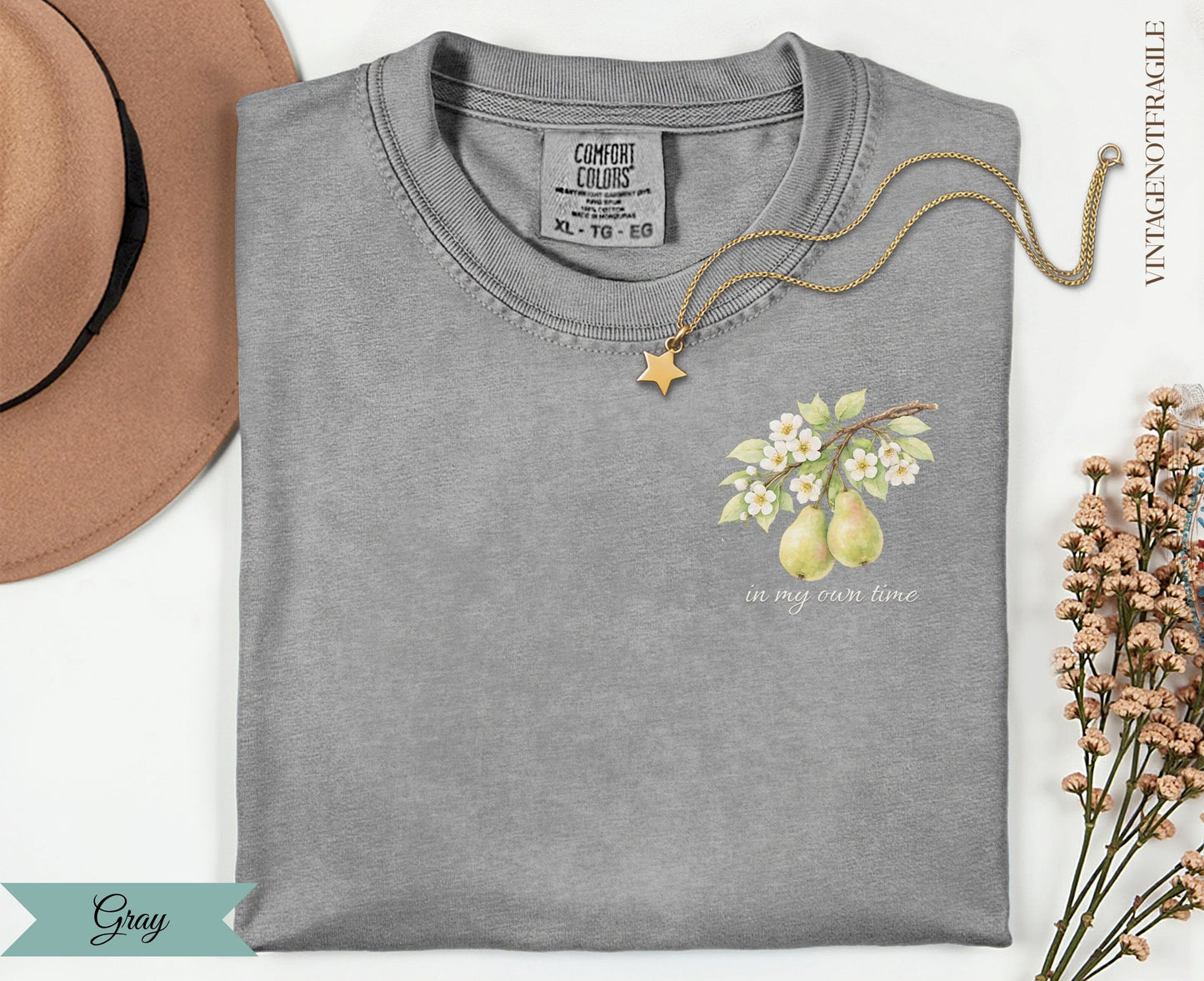 Gray comfort colors t-shirt with pears and floral branch graphic.