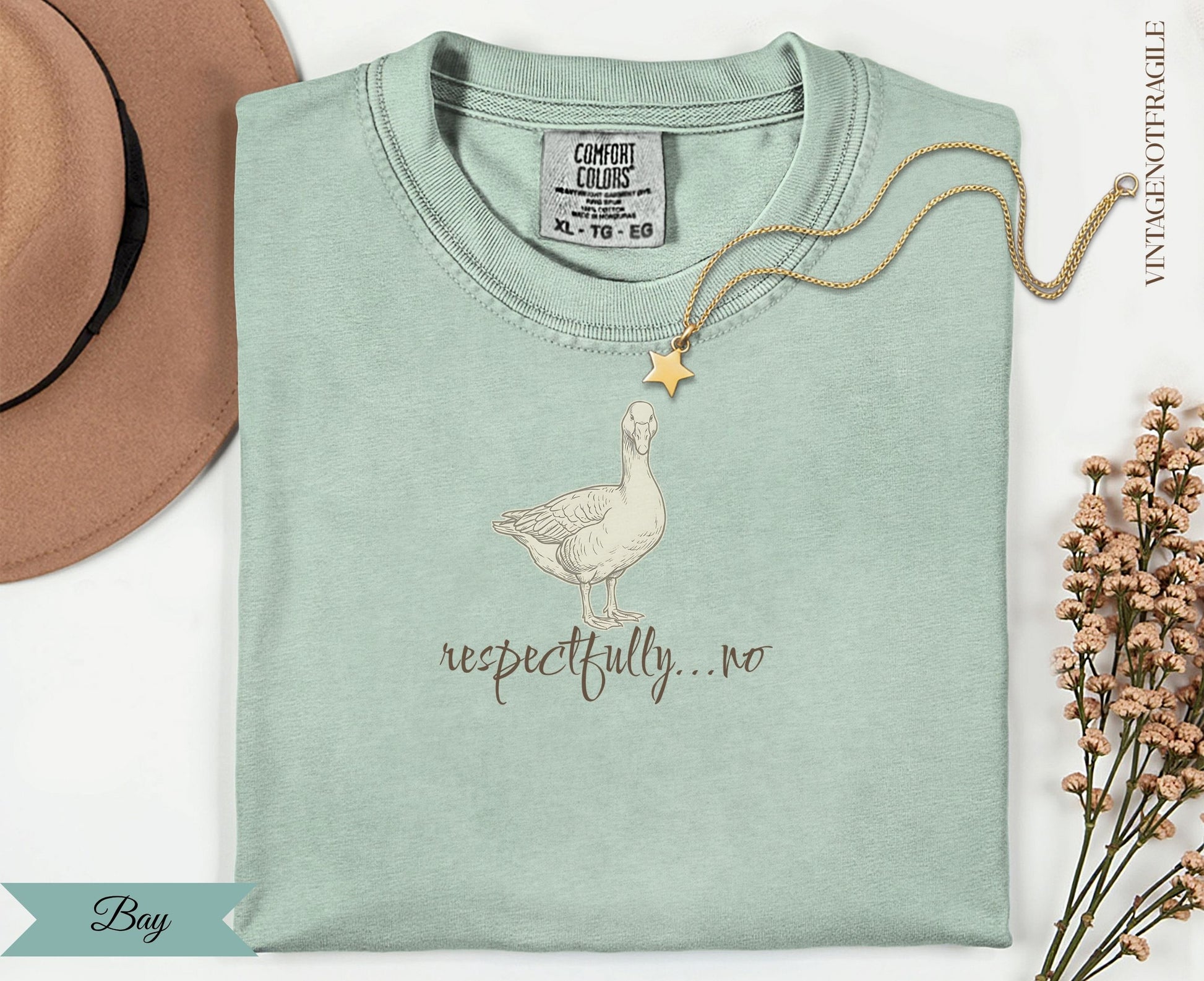 Light green t-shirt with a goose illustration and text "respectfully...no".