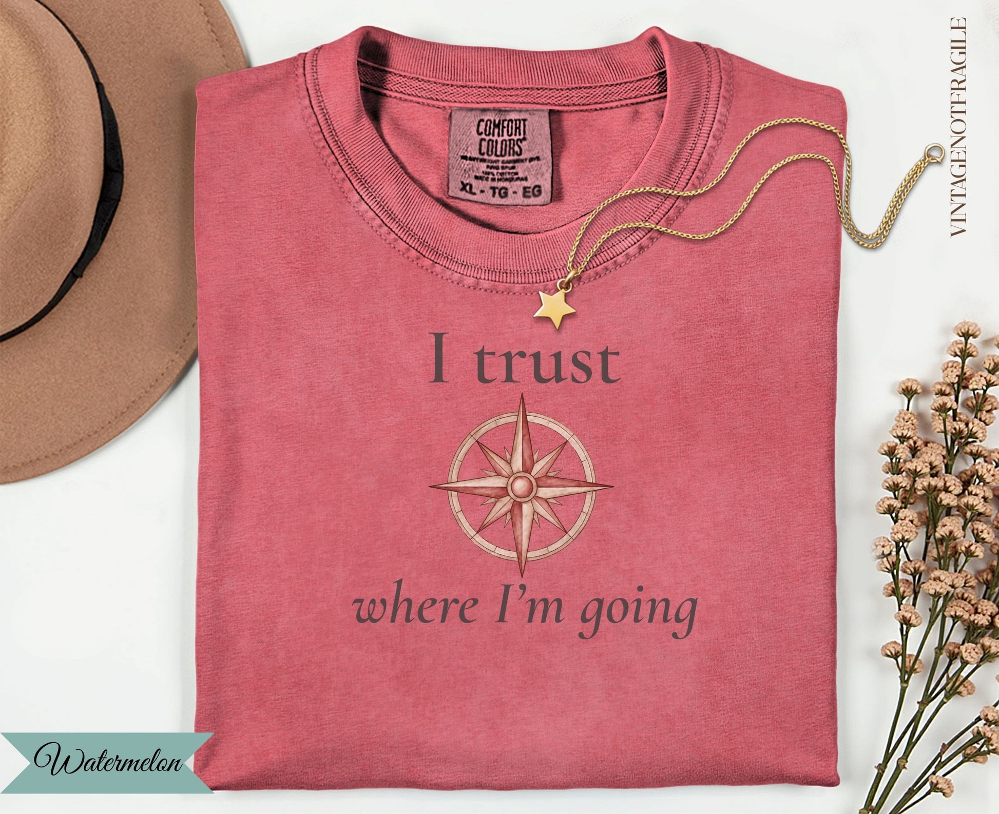 Red t-shirt with "I trust where I'm going" and a compass rose graphic.