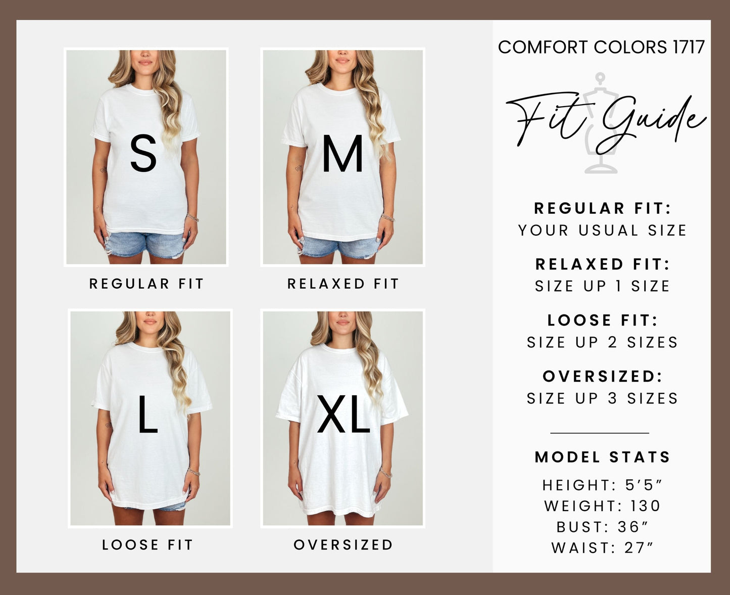 Comfort Colors 1717 fit guide showing t-shirt sizes S, M, L, XL.