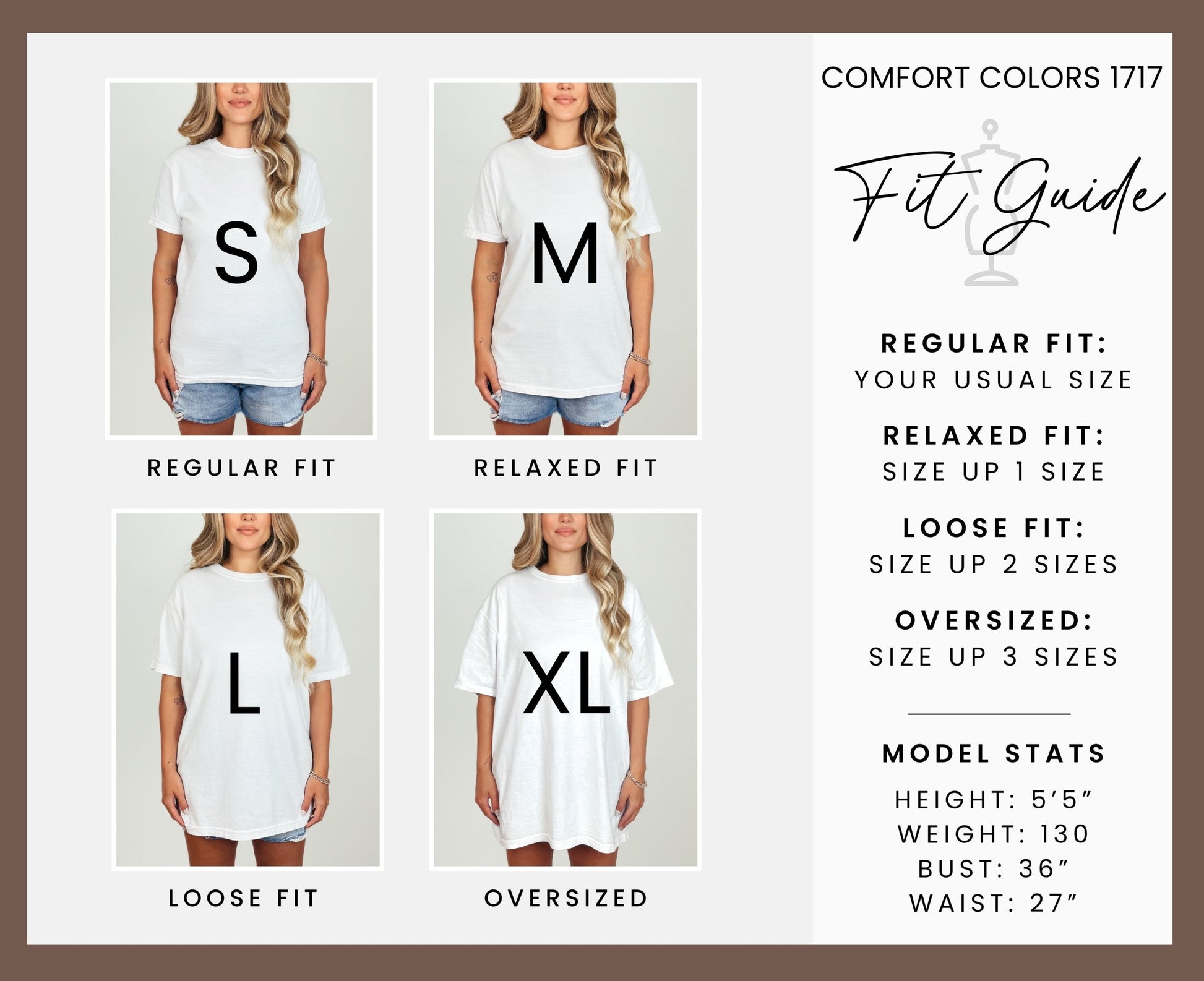 Comfort Colors 1717 fit guide showing t-shirt sizes S, M, L, XL.