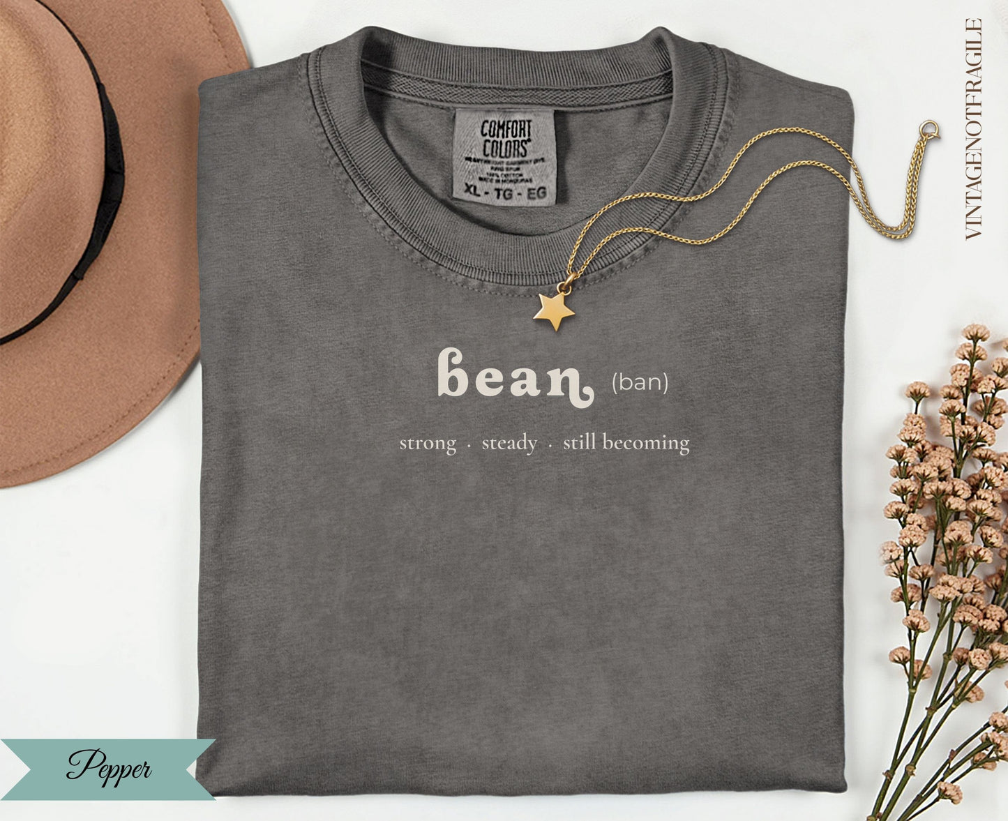 Comfort Colors grey t-shirt with "bean (ban)" text and flower embellishments.