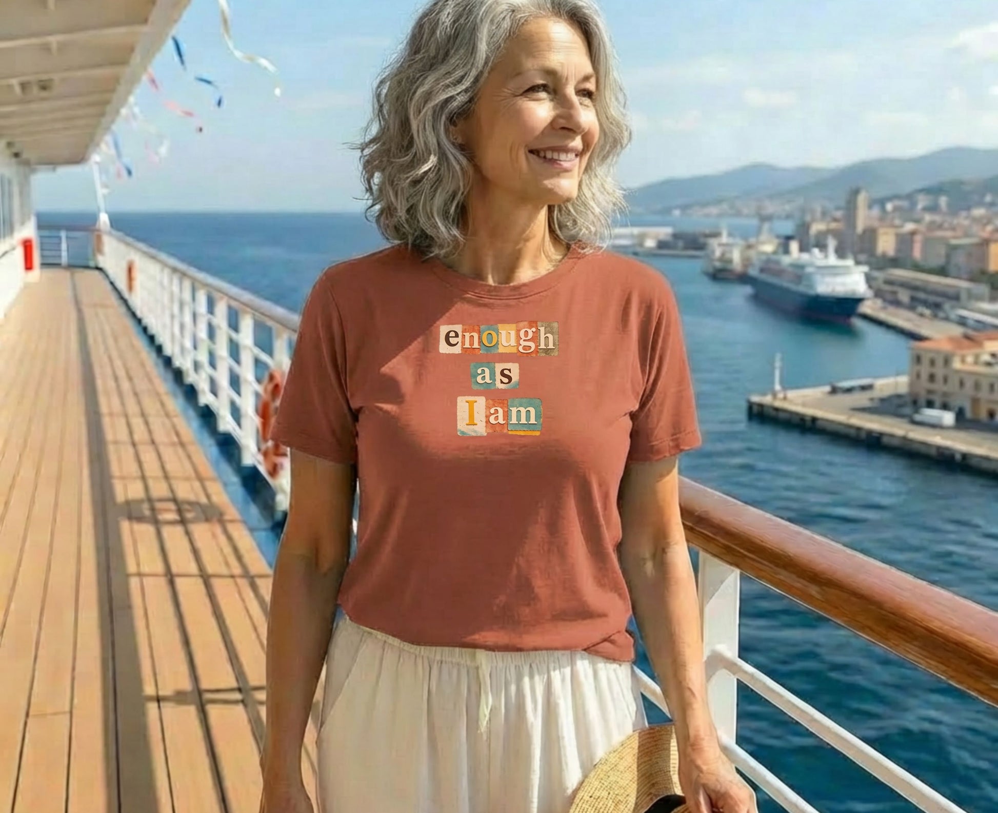 Woman wearing a rust-colored t-shirt with "enough as I am" text.