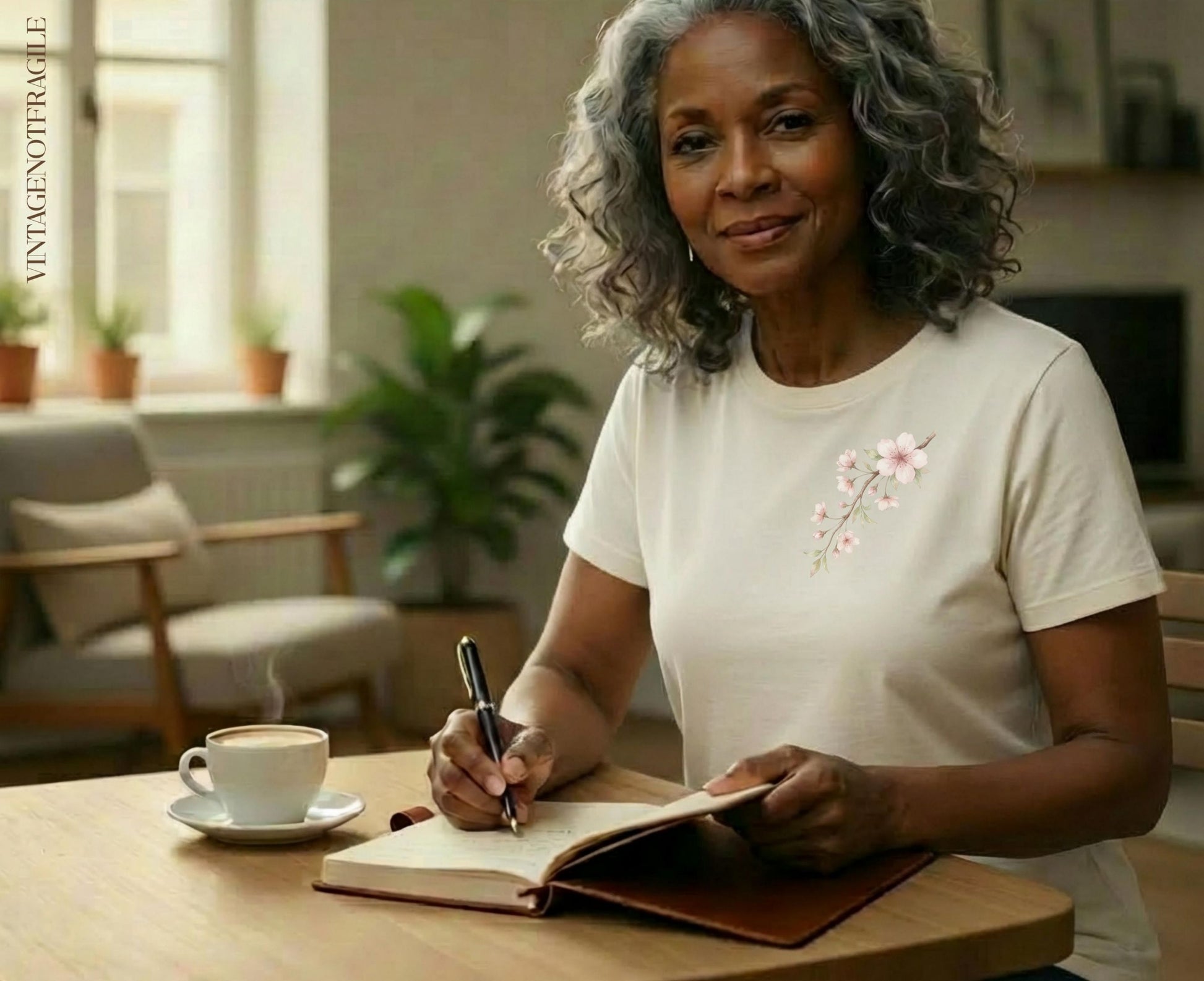 Woman wearing white t-shirt with floral detail, writing in a notebook.