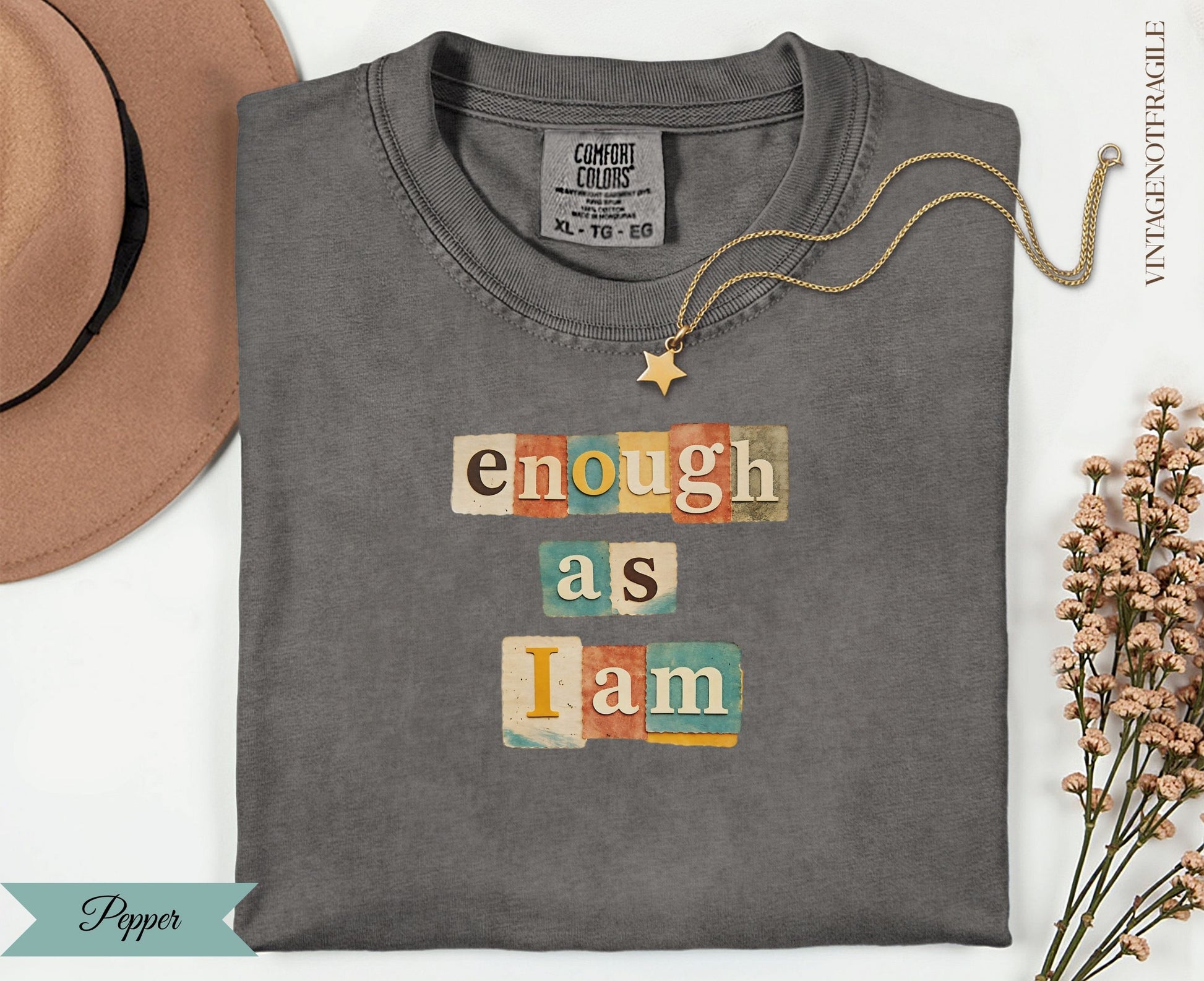 Comfort Colors t-shirt with "enough as I am" text on colored blocks.