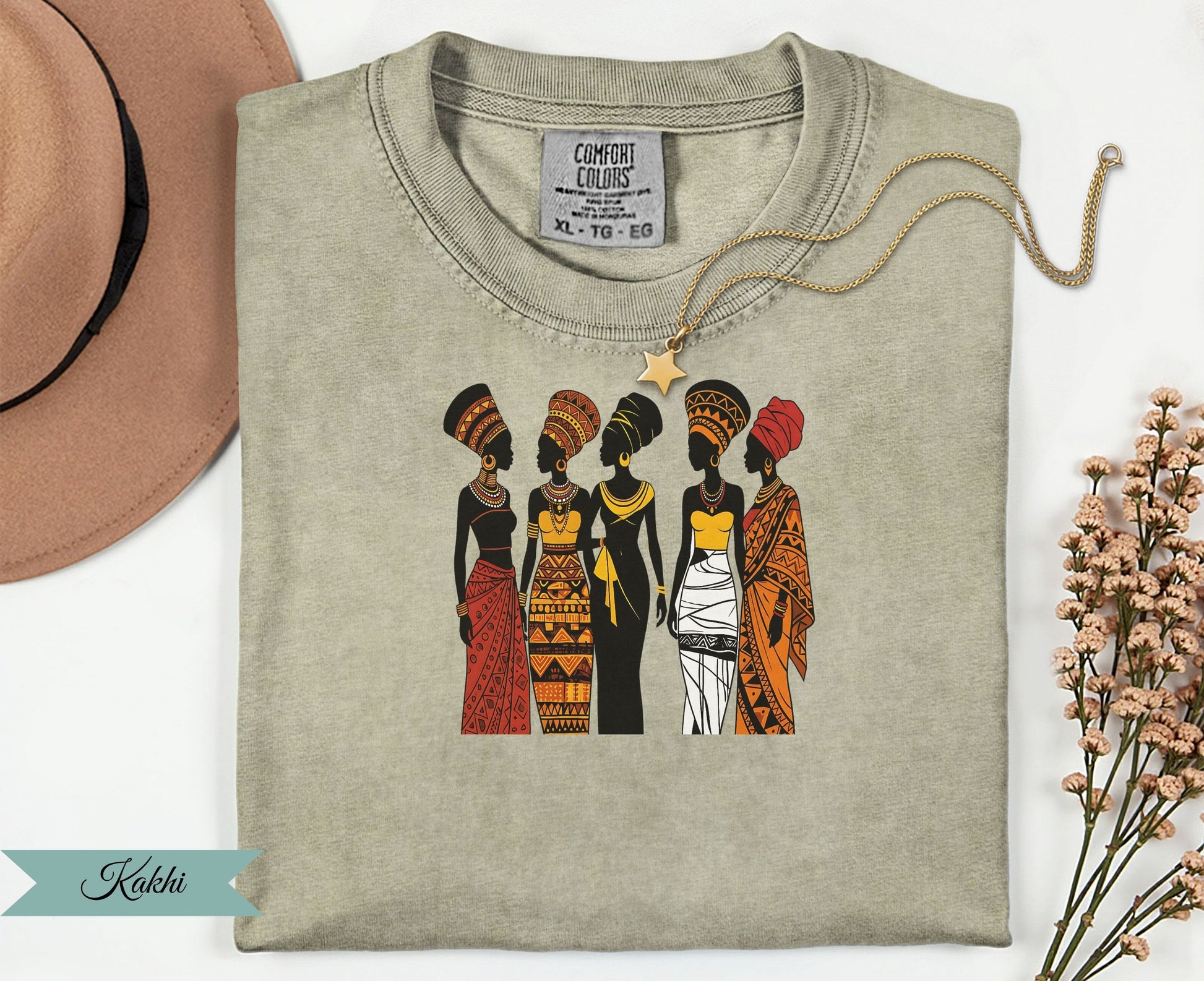 T-shirt with graphic of five women in traditional African attire, "Kakhi" text.