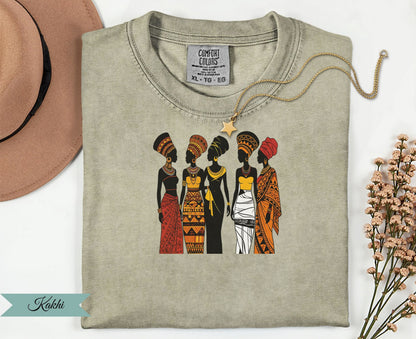 T-shirt with graphic of five women in traditional African attire, "Kakhi" text.