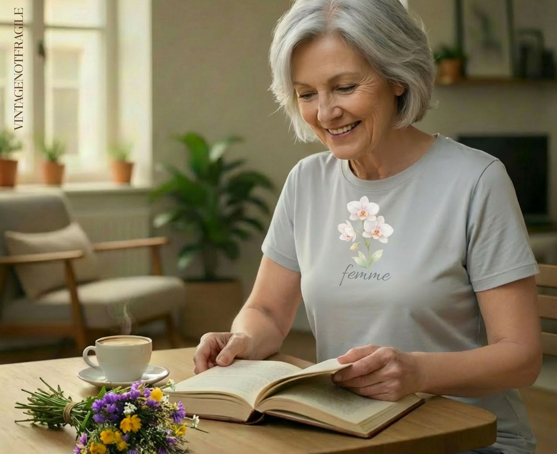 Woman reading a book, wearing a t-shirt with delicate pink orchids and "femme" text.