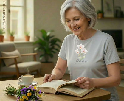 Woman reading a book, wearing a t-shirt with delicate pink orchids and "femme" text.