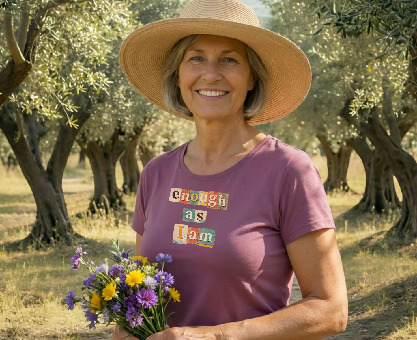 Woman in hat and purple t-shirt with "enough as I am" text, holding flowers.