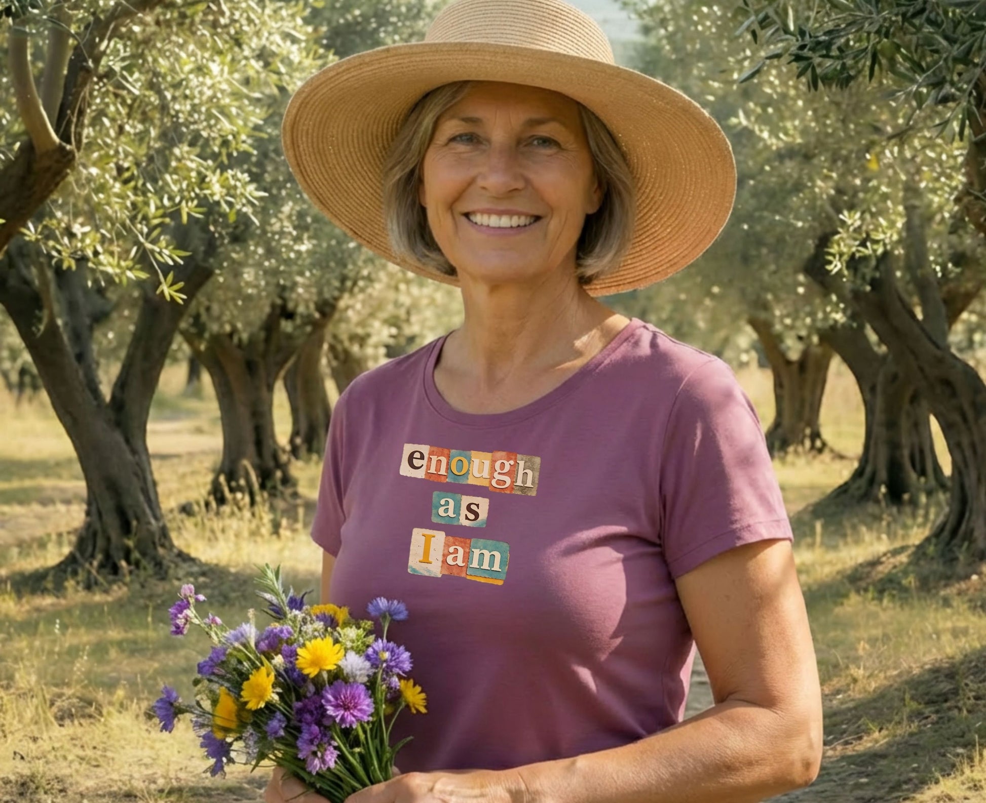 Woman in hat and purple t-shirt with "enough as I am" text, holding flowers.
