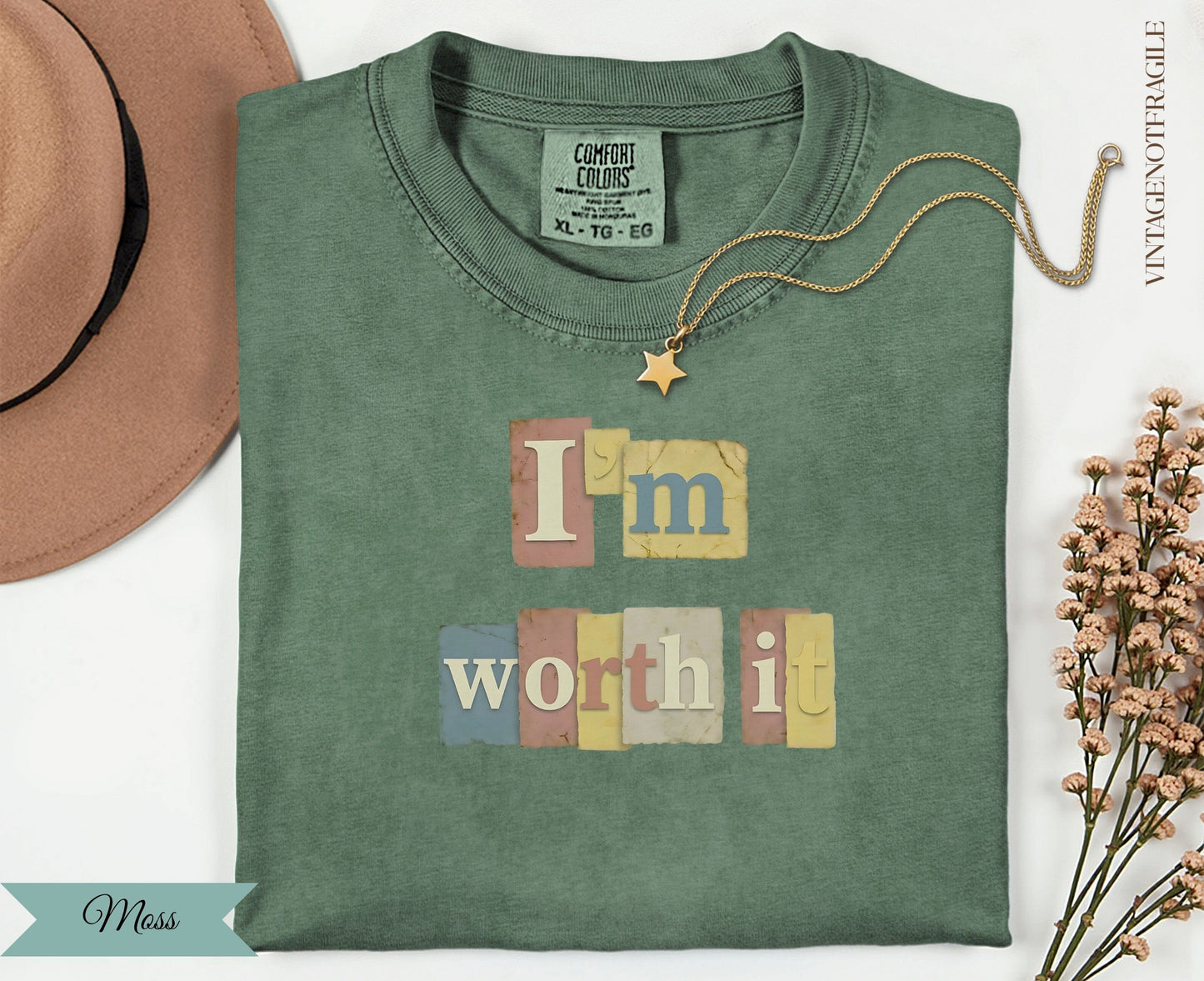 Comfort Colors t-shirt with "I'm worth it" text and gold star.