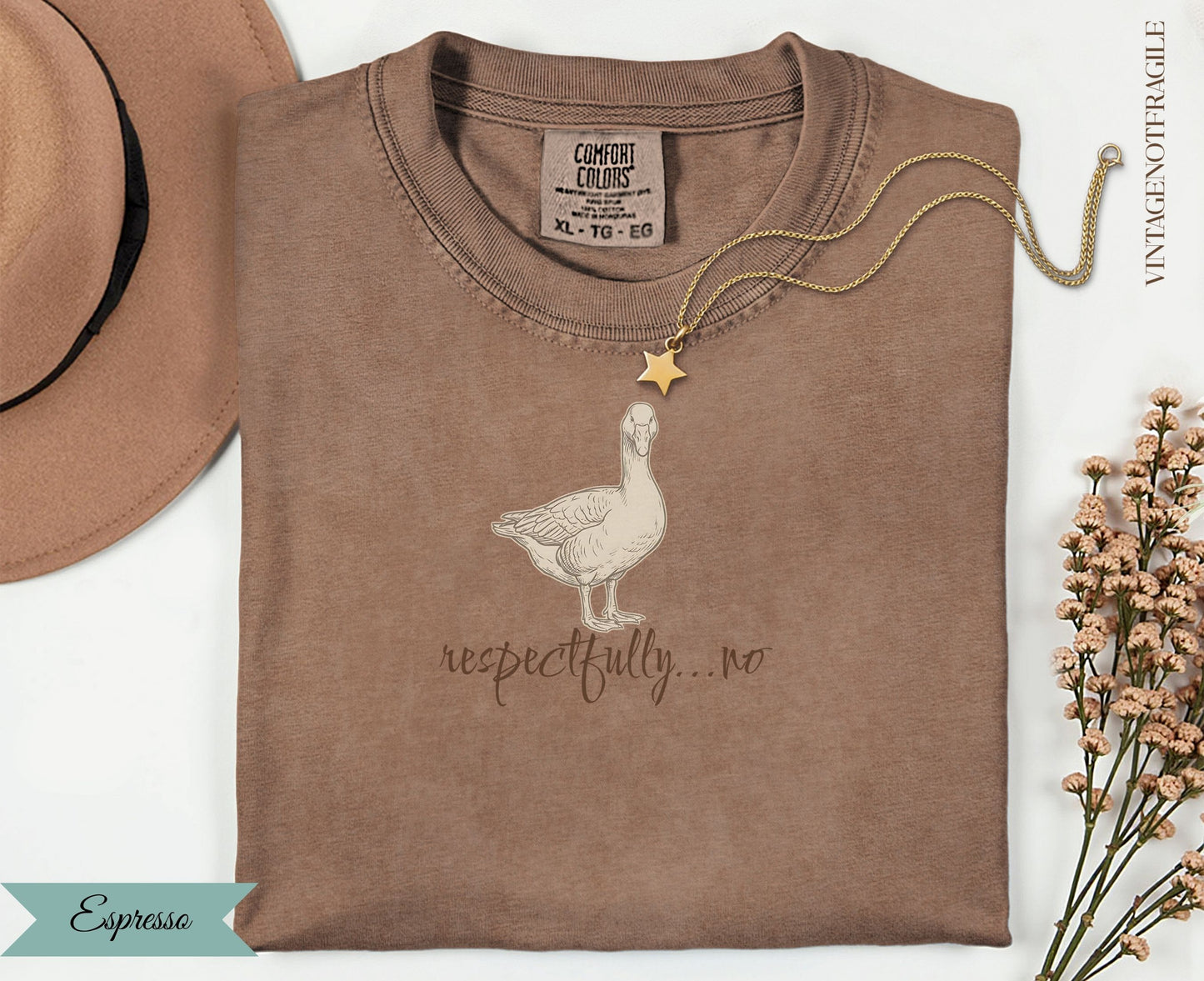 Brown t-shirt with a goose illustration and "respectfully...no" text.