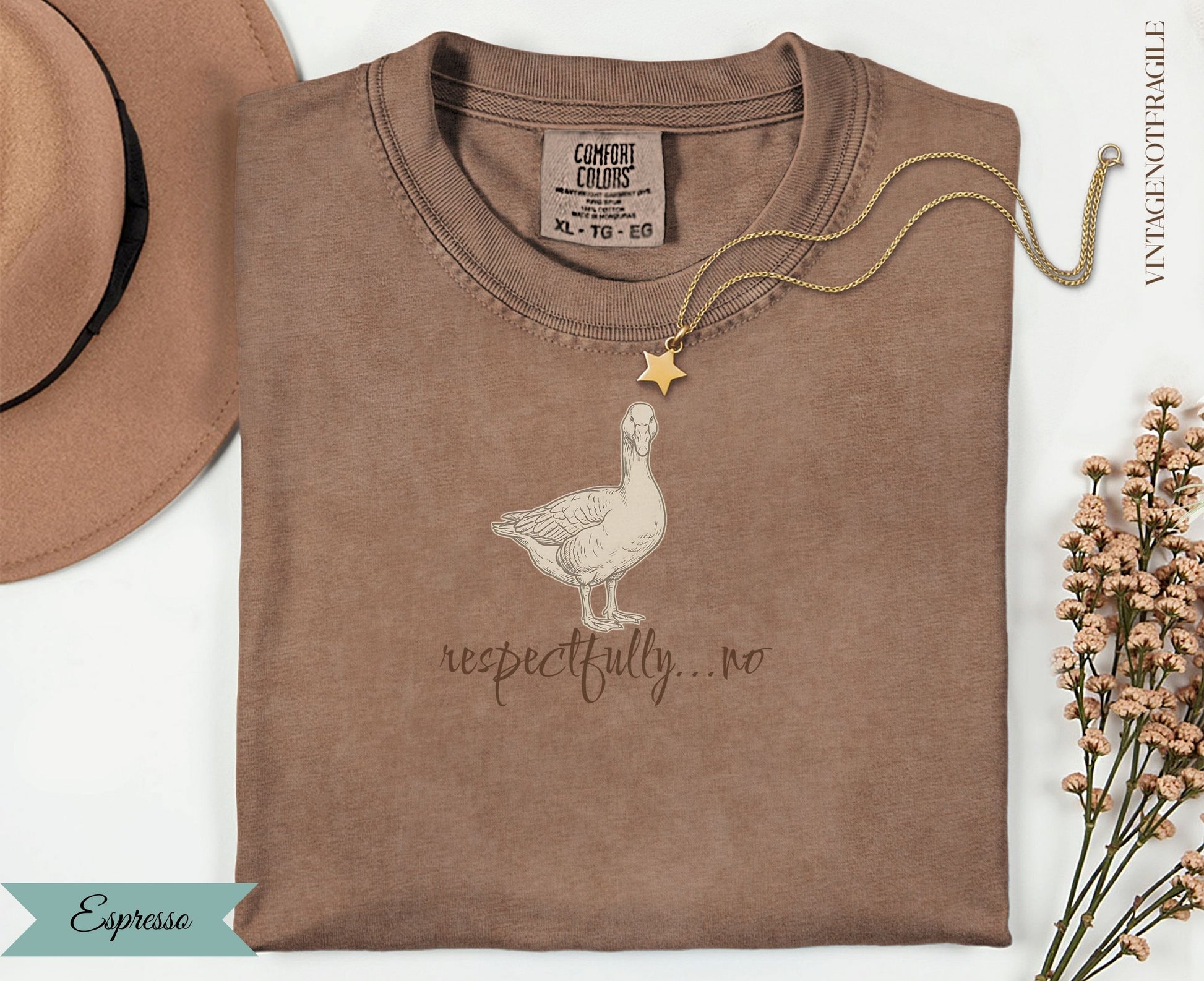 Brown t-shirt with a goose illustration and "respectfully...no" text.