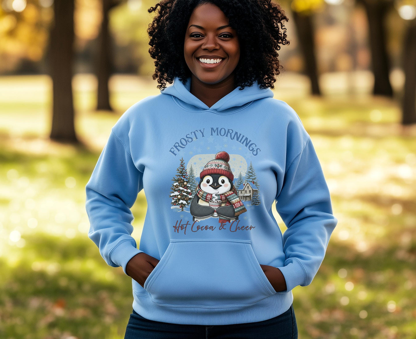 Frosty Mornings Hot Cocoa & Cheer Hoodie| Cozy Winter Hot Chocolate Christmas Penguin Sweatshirt