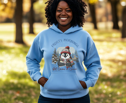 Frosty Mornings Hot Cocoa & Cheer Hoodie| Cozy Winter Hot Chocolate Christmas Penguin Sweatshirt