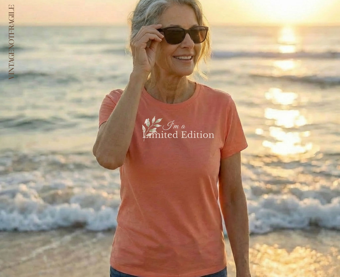 Woman wearing a coral t-shirt with "I'm a Limited Edition" text.