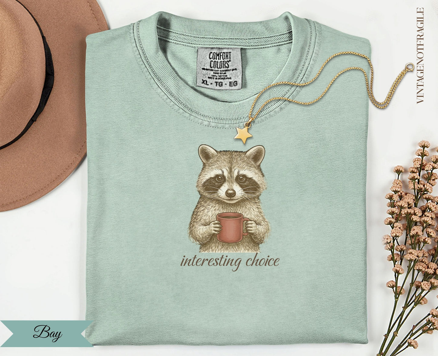 Raccoon in mint green t-shirt holding a red mug, "interesting choice" text.