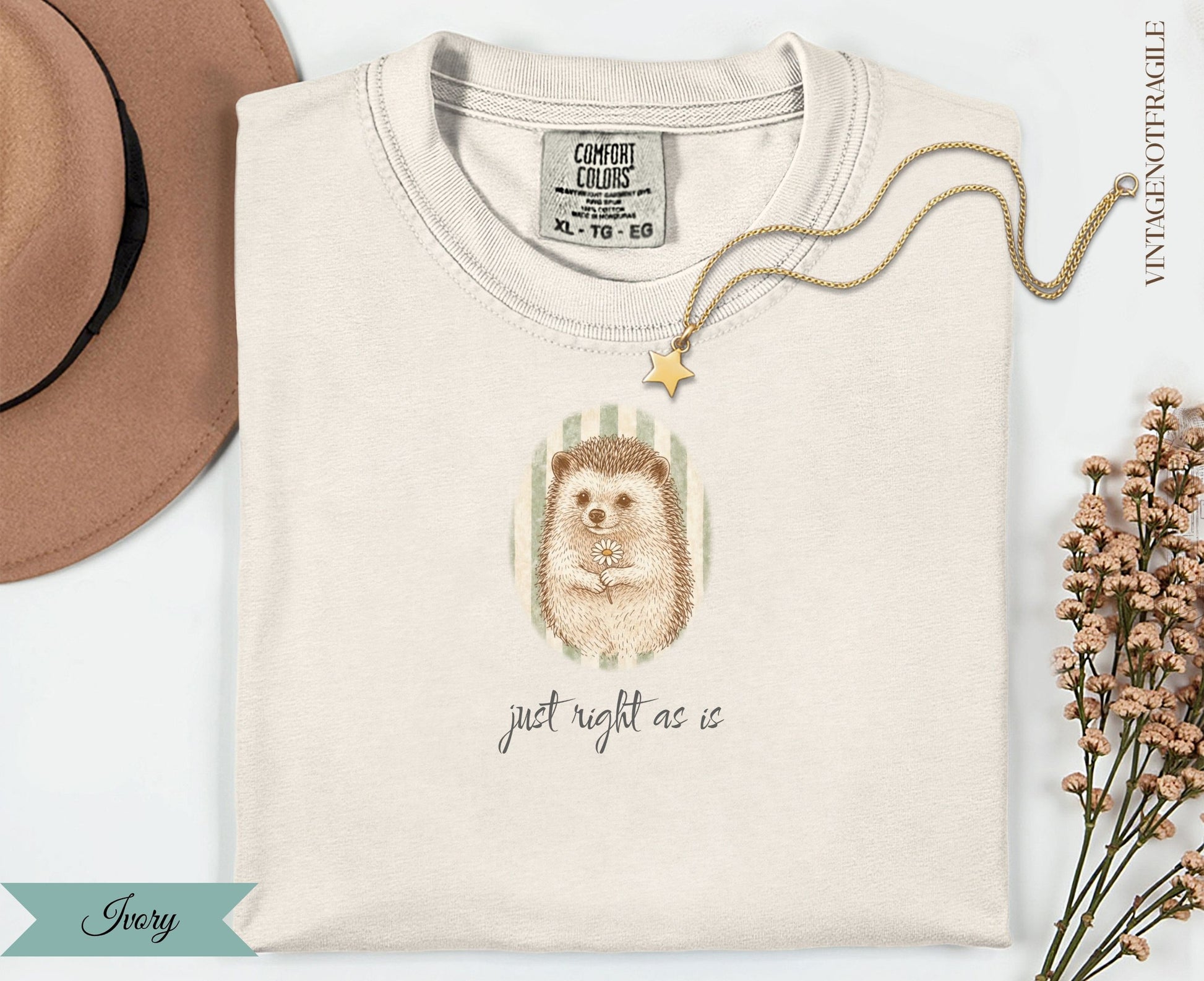 T-shirt with hedgehog holding a flower and the text "just right as is".