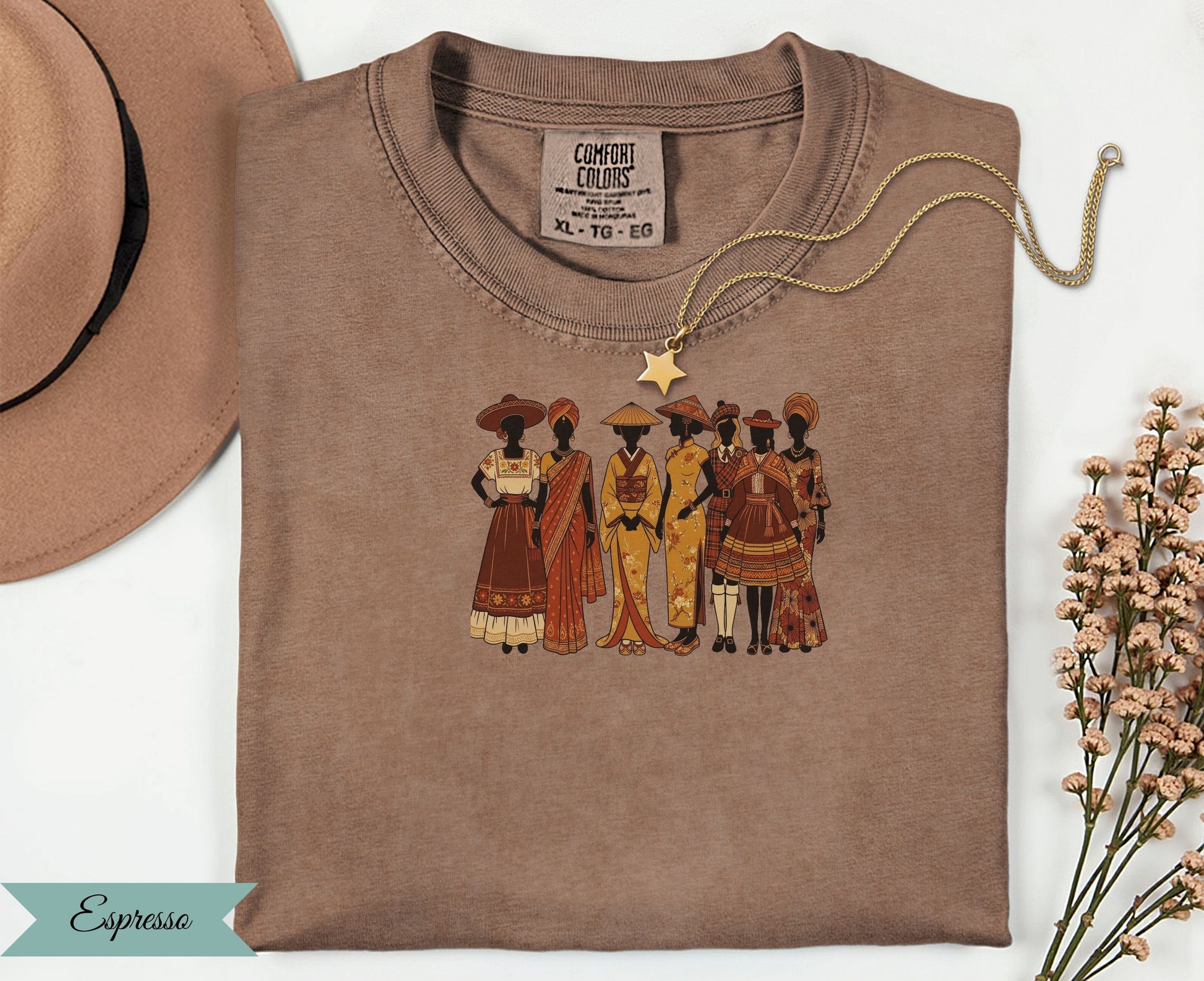 Comfort Colors t-shirt with diverse women in traditional attire, "Espresso" text.