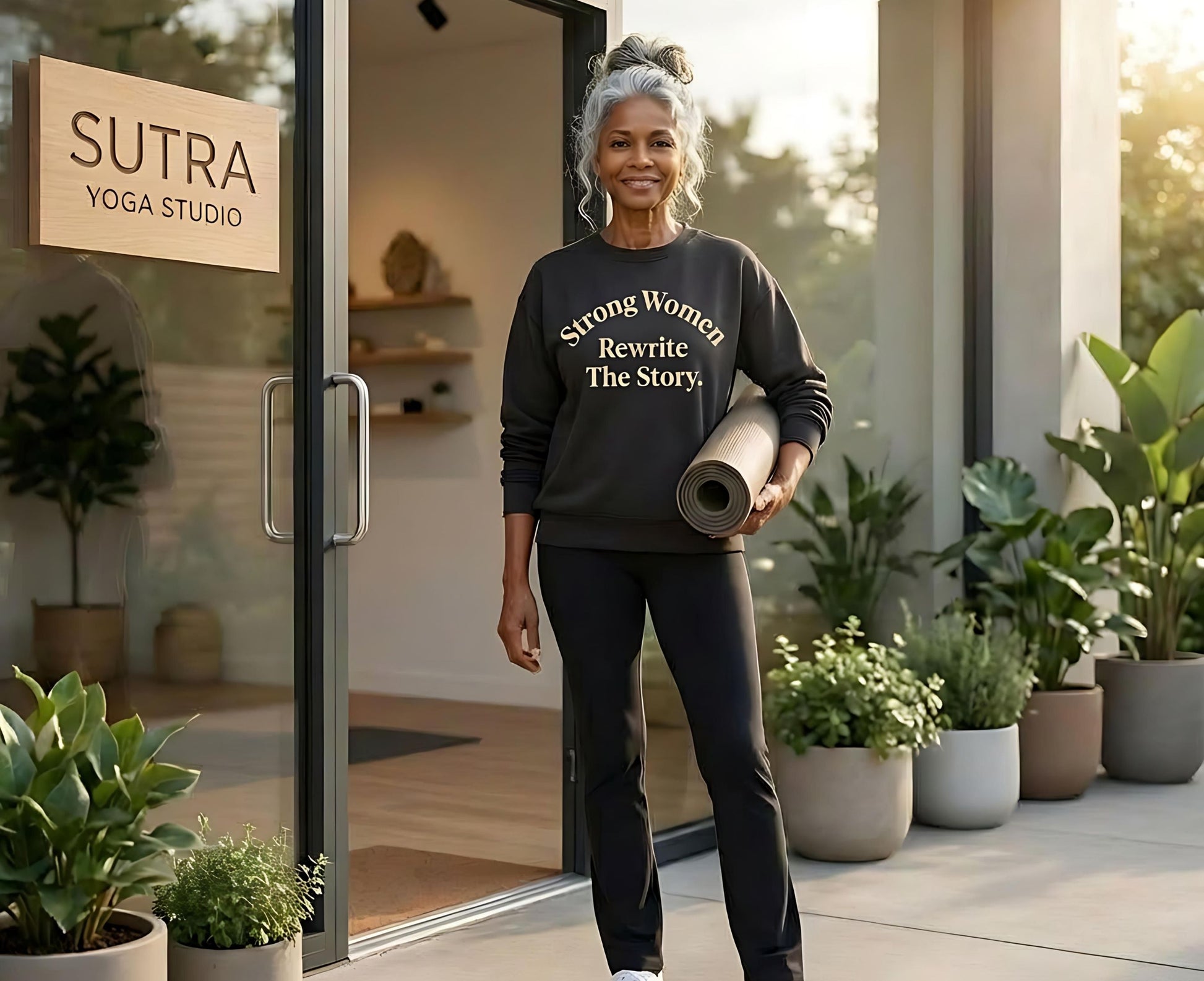 Woman in Sutra Yoga sweatshirt holds yoga mat outside studio.