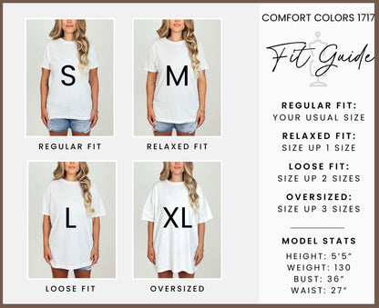 Comfort Colors 1717 t-shirt fit guide with size comparisons and model stats.