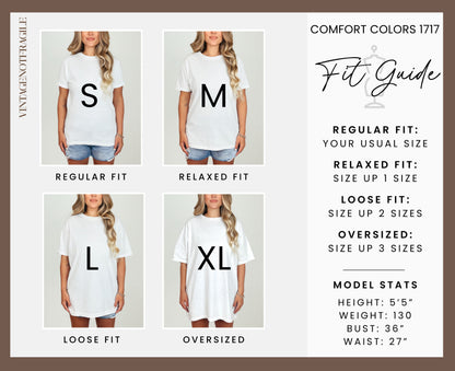 Comfort Colors 1717 t-shirt fit guide with model sizes S, M, L, XL.