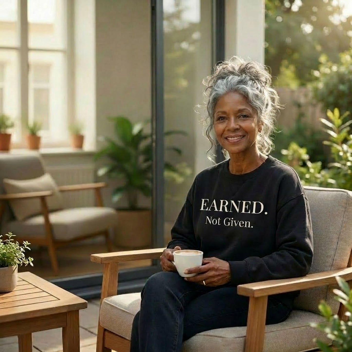Woman wearing a black sweatshirt with "EARNED." printed on it, holding a mug.