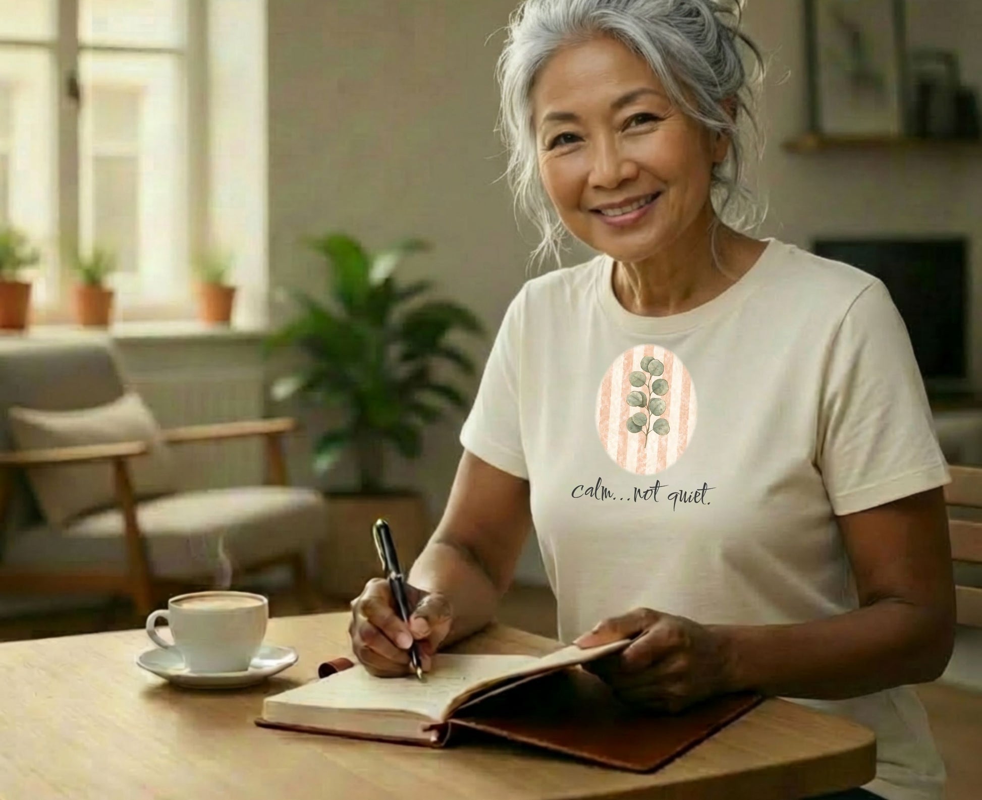 Woman with gray hair smiles while writing in a notebook with a cup of coffee.