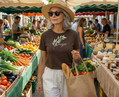 Woman in straw hat and brown shirt holding grocery bag at market.