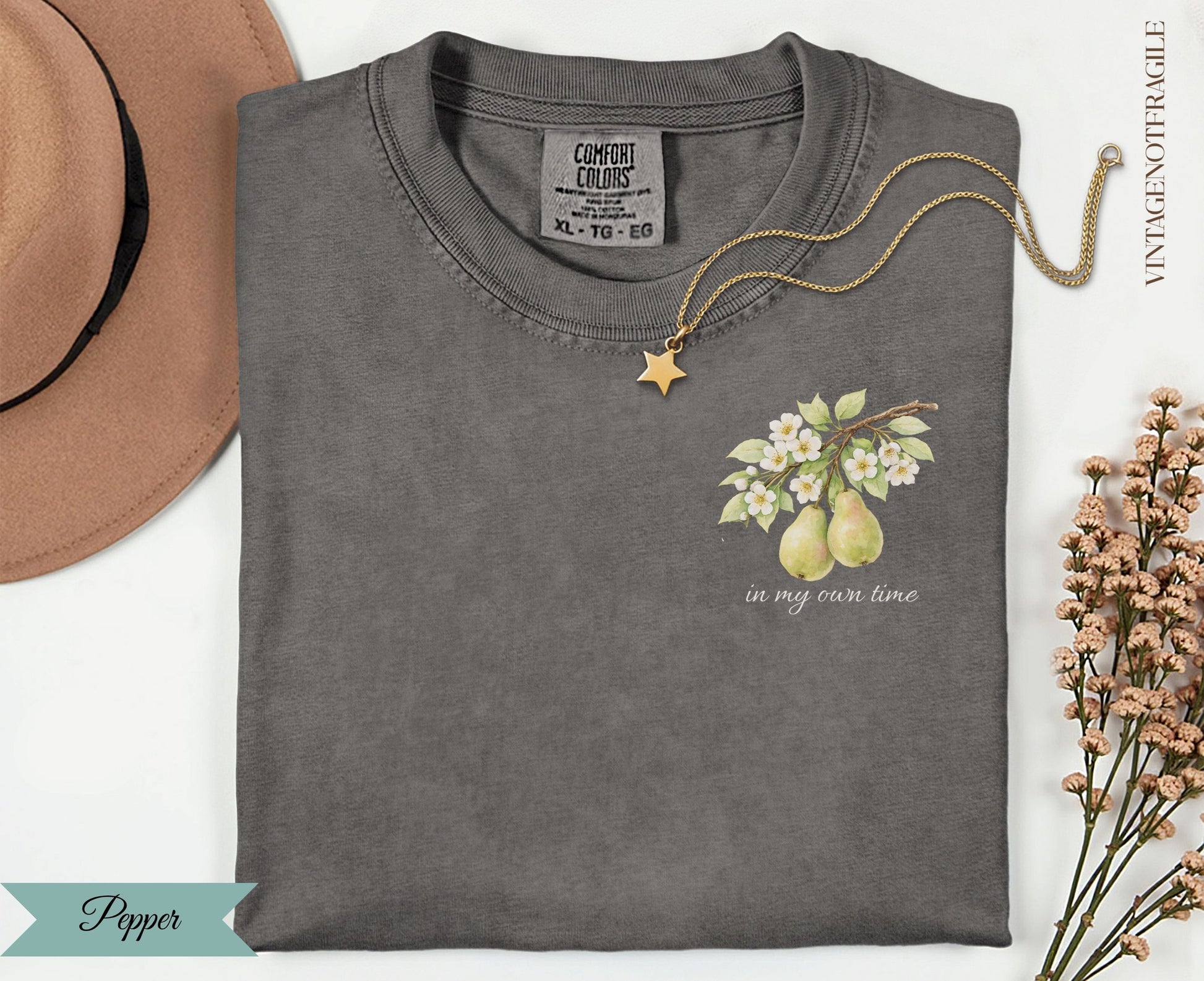 Comfort Colors Pepper t-shirt with pear branch and "in my own time" text.