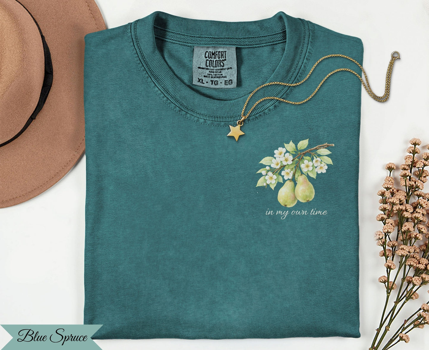 Teal Comfort Colors t-shirt with pears and "in my own time" text.