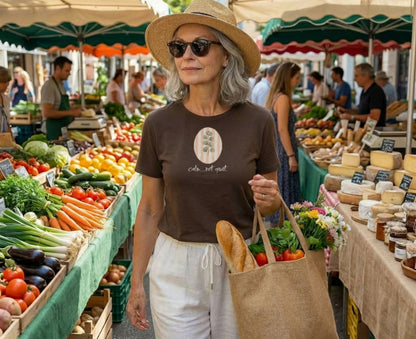 Woman wearing a hat and sunglasses at a farmer's market.