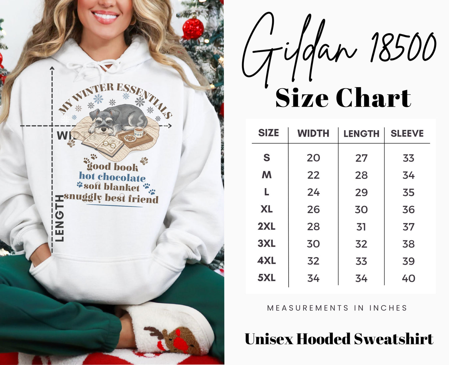 Cozy Winter Essentials Cat Hoodie with Size Chart
